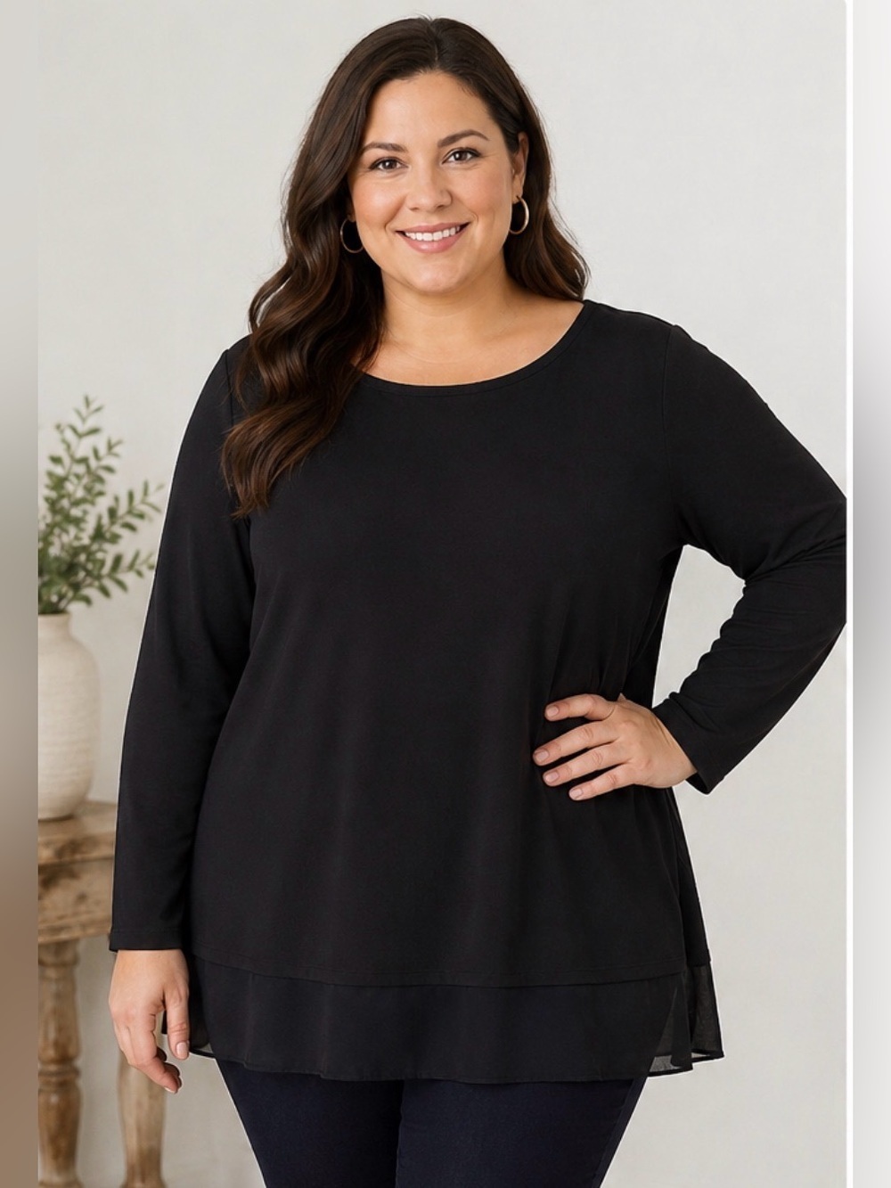 Susan Graver Passport Black Tunic Top 3X Sheer Hem Stretch Travel Knit Blouse